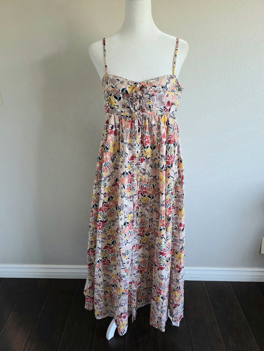 Stitchdrop Maxi Dress Bright Floral Cotton Shoelace Button Front Smocked Size L